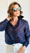 Charmed In Dots Italian Button Up Top- Navy-170 Bottoms-AZUL MONACO-Coastal Bloom Boutique, find the trendiest versions of the popular styles and looks Located in Indialantic, FL