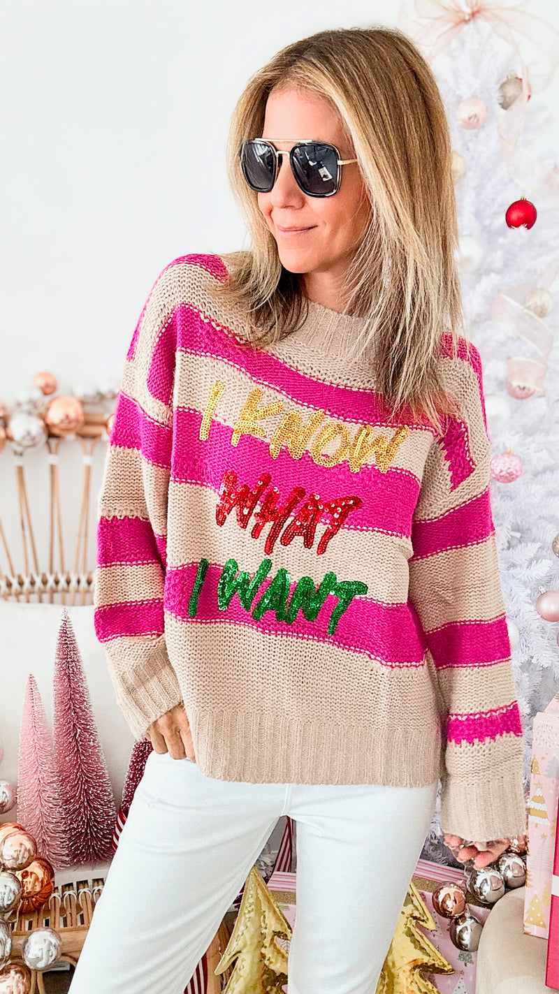 "I Know What I Want" Sequin Lettering Stripe Sweater-140 Sweaters-BIBI-Coastal Bloom Boutique, find the trendiest versions of the popular styles and looks Located in Indialantic, FL