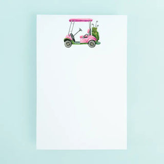 Notepad with a pink golf cart illustration on a light blue background