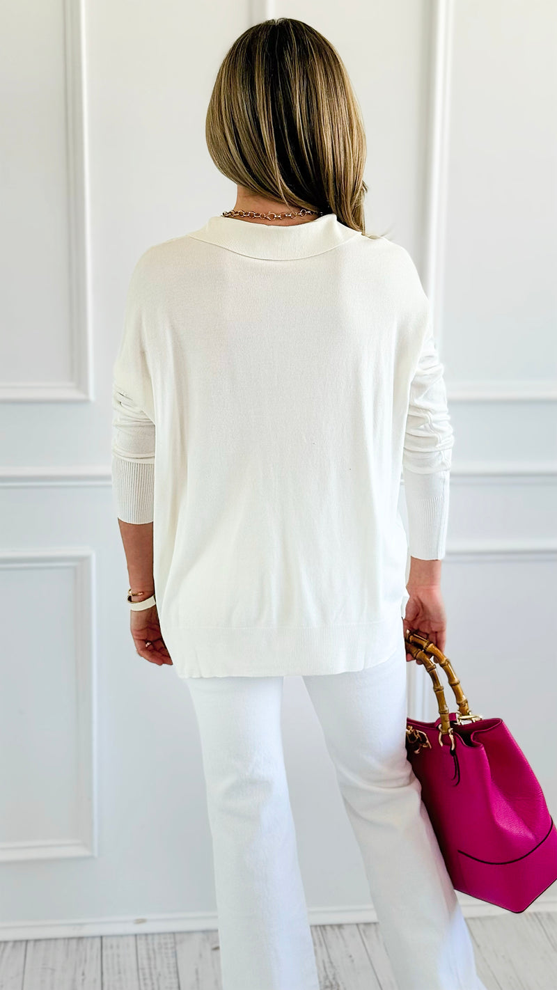 Polished Collar Knit Polo Top - Ivory-130 Long Sleeve Tops-ROUSSEAU-Coastal Bloom Boutique, find the trendiest versions of the popular styles and looks Located in Indialantic, FL
