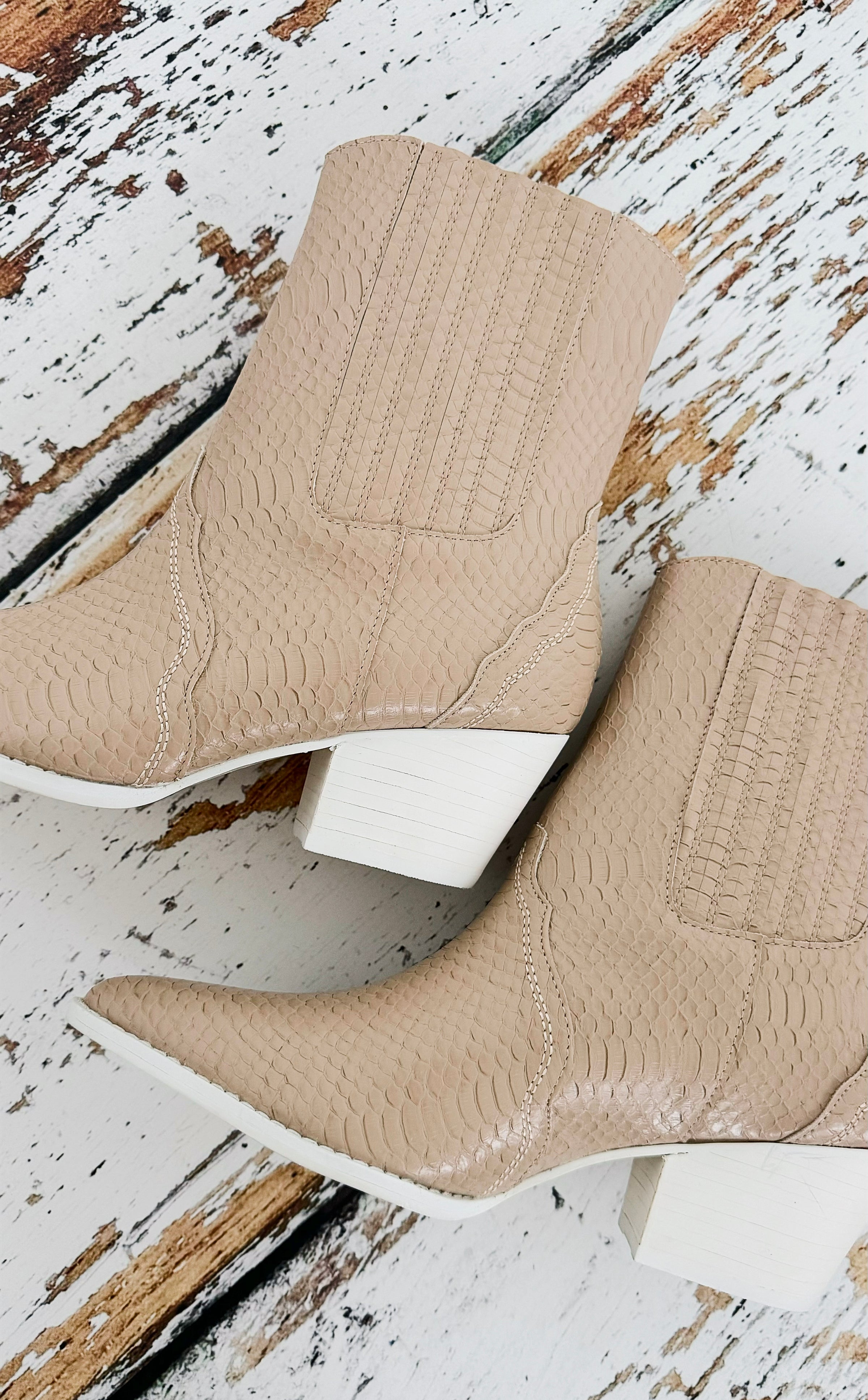 Textured Western Pointed Ankle Boots - Beige-250 Shoes-Oasis Society-Coastal Bloom Boutique, find the trendiest versions of the popular styles and looks Located in Indialantic, FL