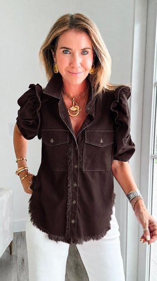 Linen Ruffle Button-Up Shirt - Espresso