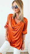 Long Sleeve Cowl Neck Italian Blouse - Rust-130 Long Sleeve Tops-Yolly-Coastal Bloom Boutique, find the trendiest versions of the popular styles and looks Located in Indialantic, FL