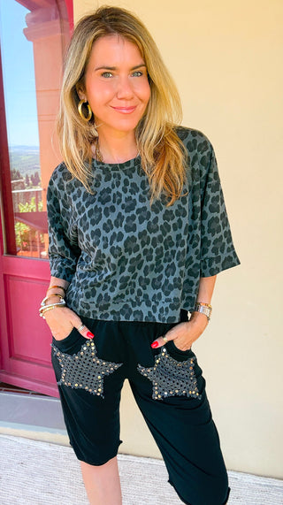 Leopard Weekend French Terry Italian Top - Gray