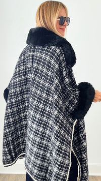 Shimmery Tweed Faux Fur Cape - Black-150 Cardigans/Layers-original usa-Coastal Bloom Boutique, find the trendiest versions of the popular styles and looks Located in Indialantic, FL