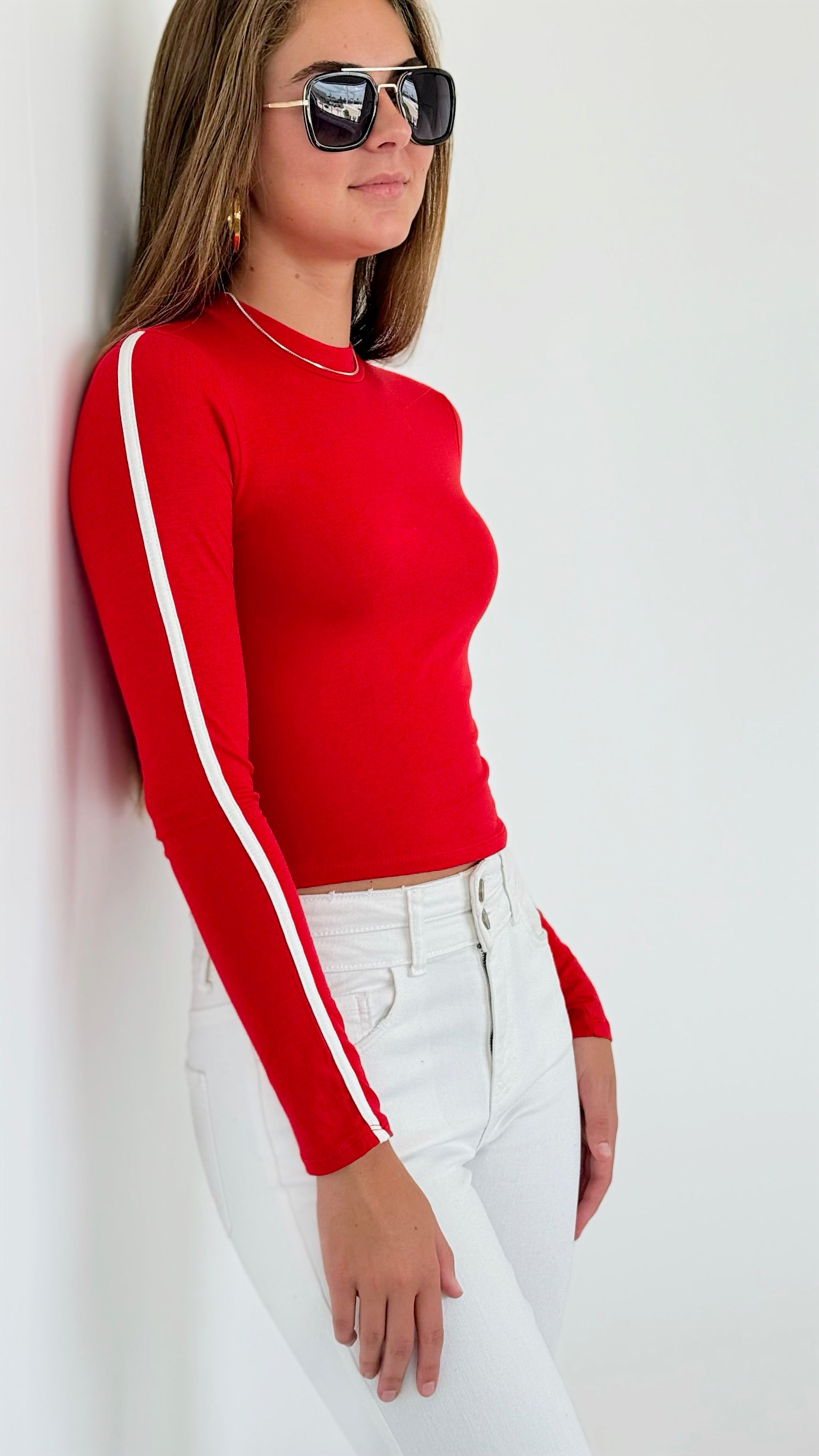 Contrast Sleeve Detail Crop Top - Red-130 Long Sleeve Tops-Heart&Hips-Coastal Bloom Boutique, find the trendiest versions of the popular styles and looks Located in Indialantic, FL