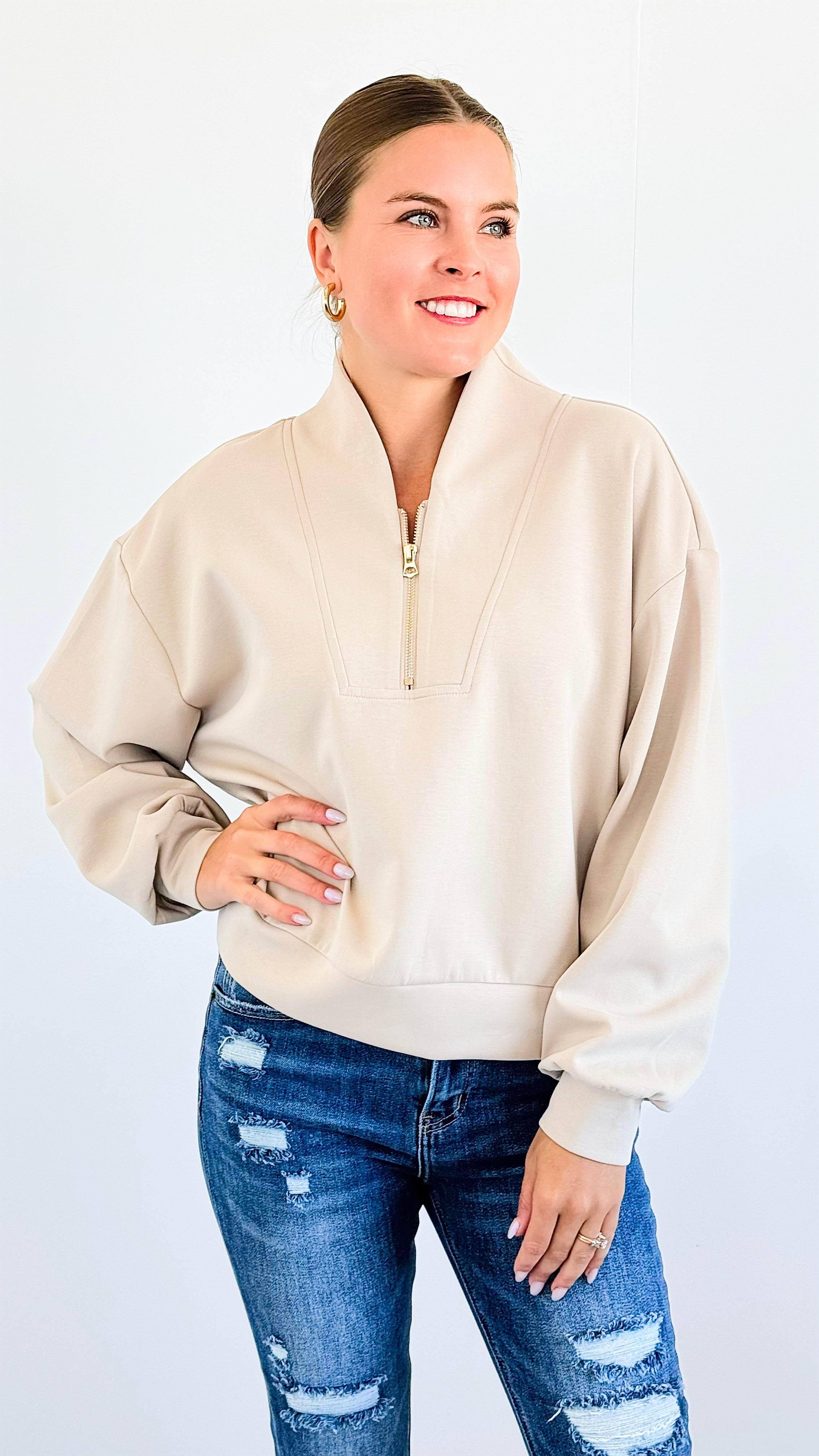 Zip-Up Scuba Long Sleeve Sweatshirt -Taupe-110 Long Sleeve Tops-BucketList-Coastal Bloom Boutique, find the trendiest versions of the popular styles and looks Located in Indialantic, FL