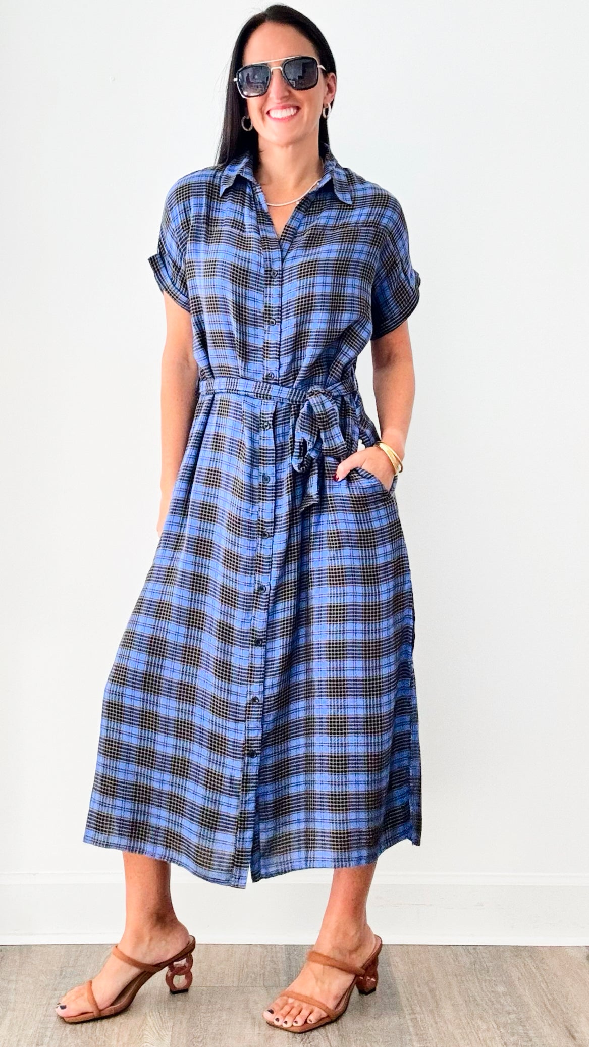 Indigo Plaid Button Down Dress-200 Dresses/Jumpsuits/Rompers-en creme-Coastal Bloom Boutique, find the trendiest versions of the popular styles and looks Located in Indialantic, FL
