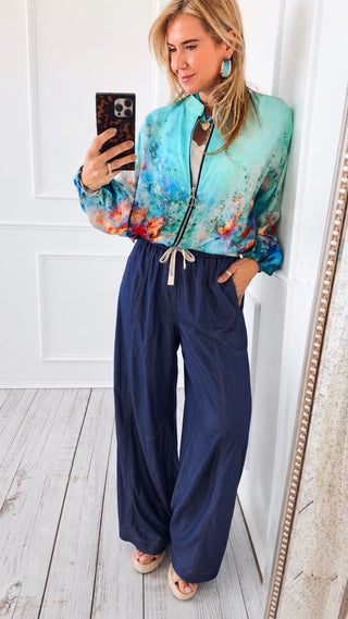 Coastal Ease Drawstring Wide Leg Pants - Denim