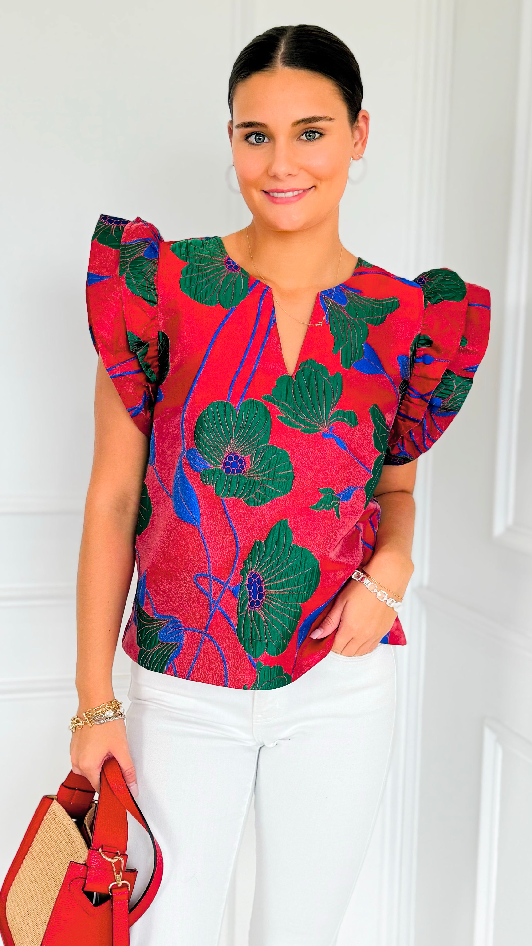 Garden Bloom Notch Neck Top-110 Short Sleeve Tops-JODIFL-Coastal Bloom Boutique, find the trendiest versions of the popular styles and looks Located in Indialantic, FL