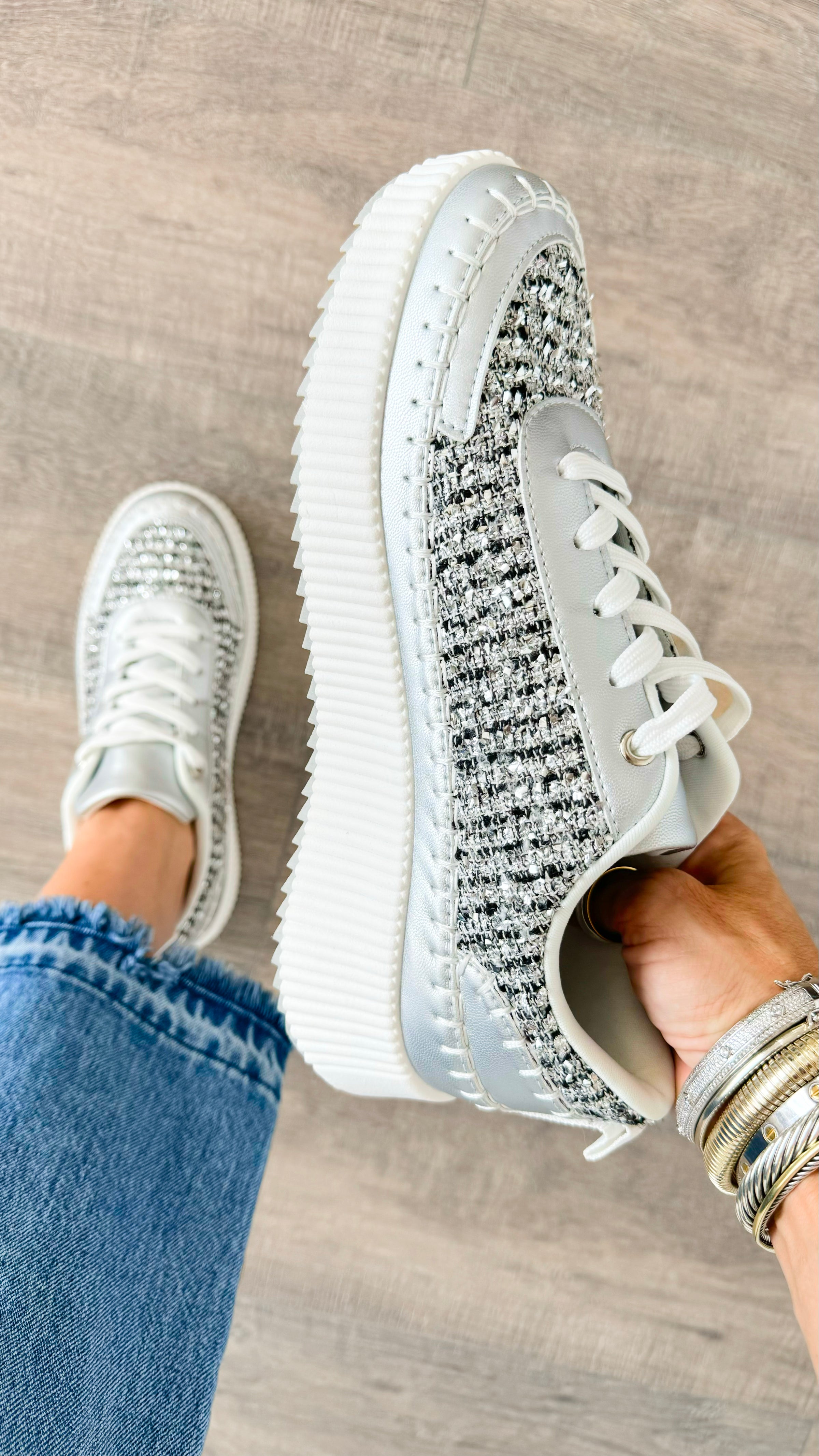 Chunky Tweed Platform Sneakers - Silver-250 Shoes-Shoe La La-Coastal Bloom Boutique, find the trendiest versions of the popular styles and looks Located in Indialantic, FL