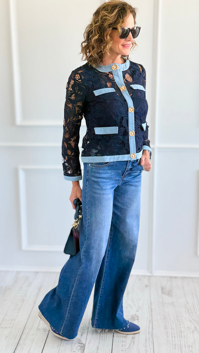 Colorblock Lace & Denim Jacket-160 Jackets-PASTEL DESIGN-Coastal Bloom Boutique, find the trendiest versions of the popular styles and looks Located in Indialantic, FL