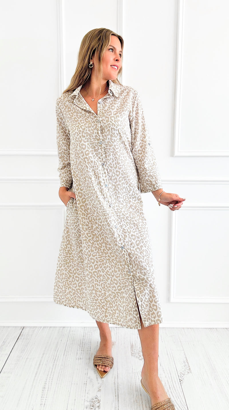 Wild Italian Button Dress- Beige-170 Bottoms-Italianissimo-Coastal Bloom Boutique, find the trendiest versions of the popular styles and looks Located in Indialantic, FL