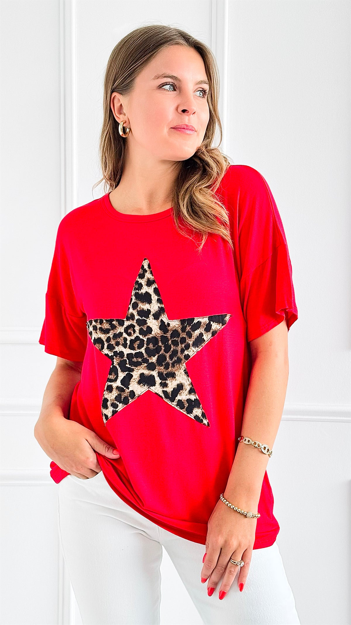 Star Power Leopard Top - Red-110 Short Sleeve Tops-Heimish-Coastal Bloom Boutique, find the trendiest versions of the popular styles and looks Located in Indialantic, FL