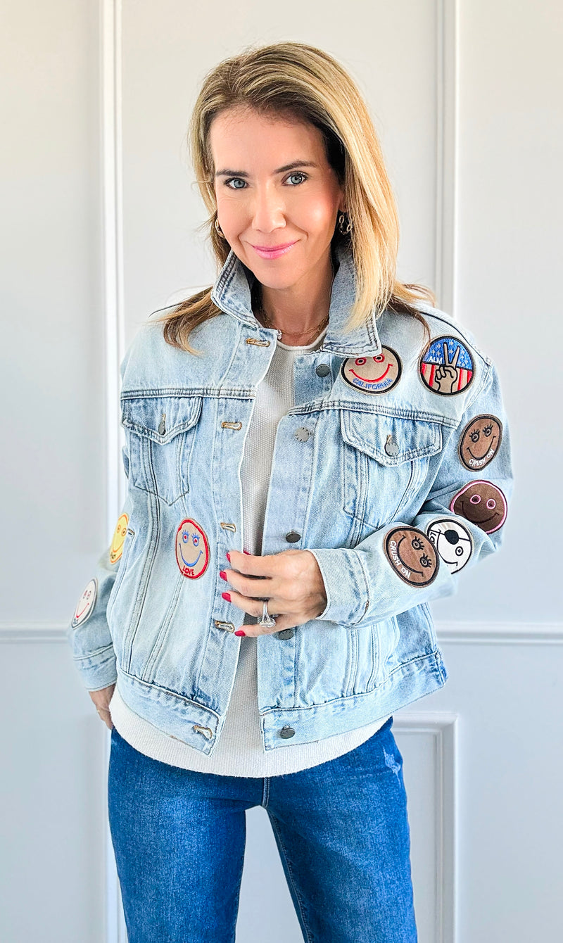 Happy Vibes Patch Jacket-160 Jackets-Veveret-Coastal Bloom Boutique, find the trendiest versions of the popular styles and looks Located in Indialantic, FL