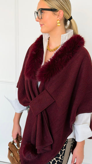 Fur Collar Wrap Poncho - Burgundy