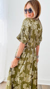 Olive & Gold Metallic Pleated Maxi Dress-200 Dresses/Jumpsuits/Rompers-en creme-Coastal Bloom Boutique, find the trendiest versions of the popular styles and looks Located in Indialantic, FL