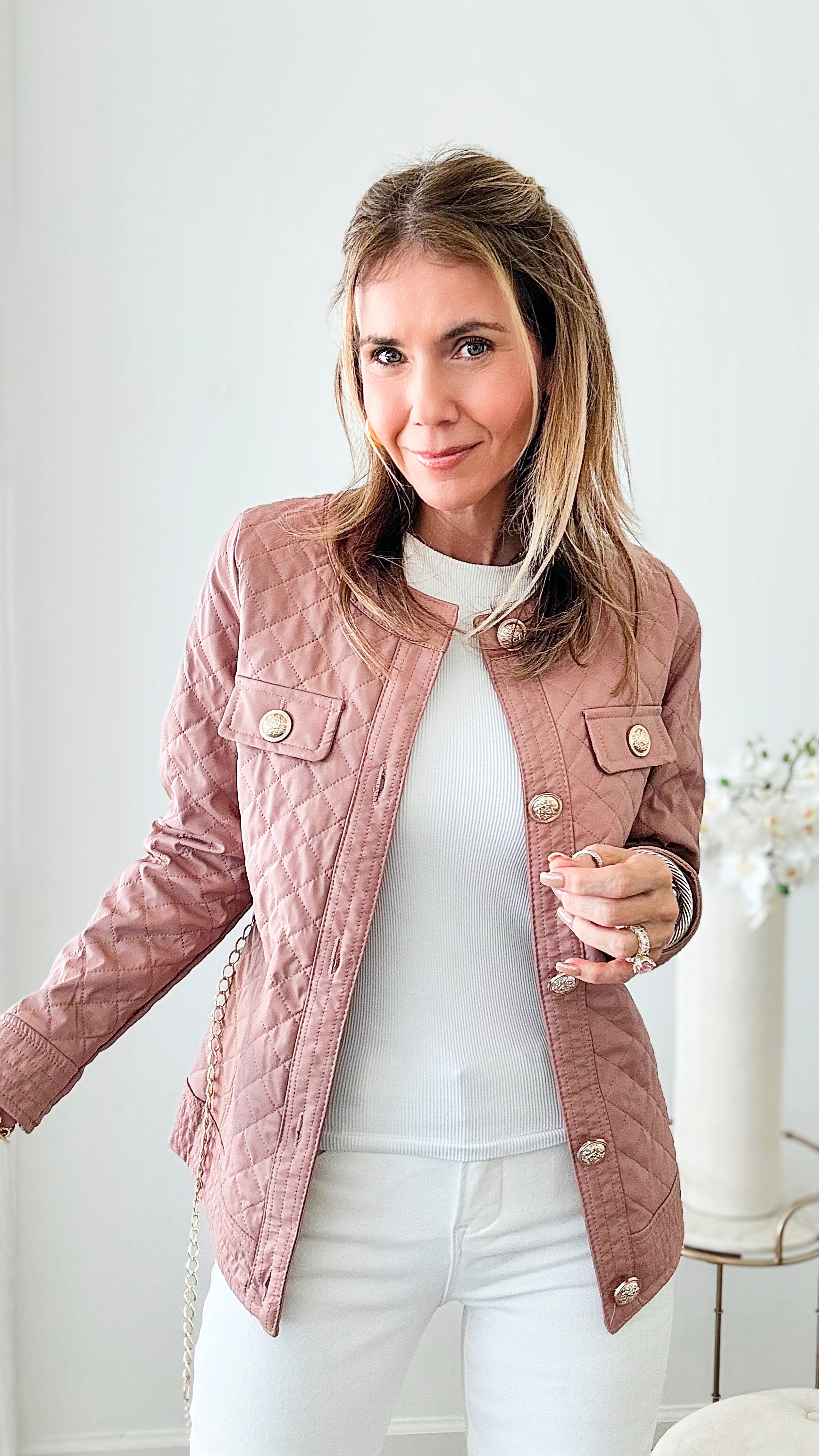 Quilted Faux Leather Chain Belt Jacket - Dusty Mauve-160 Jackets-ShopIrisBasic-Coastal Bloom Boutique, find the trendiest versions of the popular styles and looks Located in Indialantic, FL