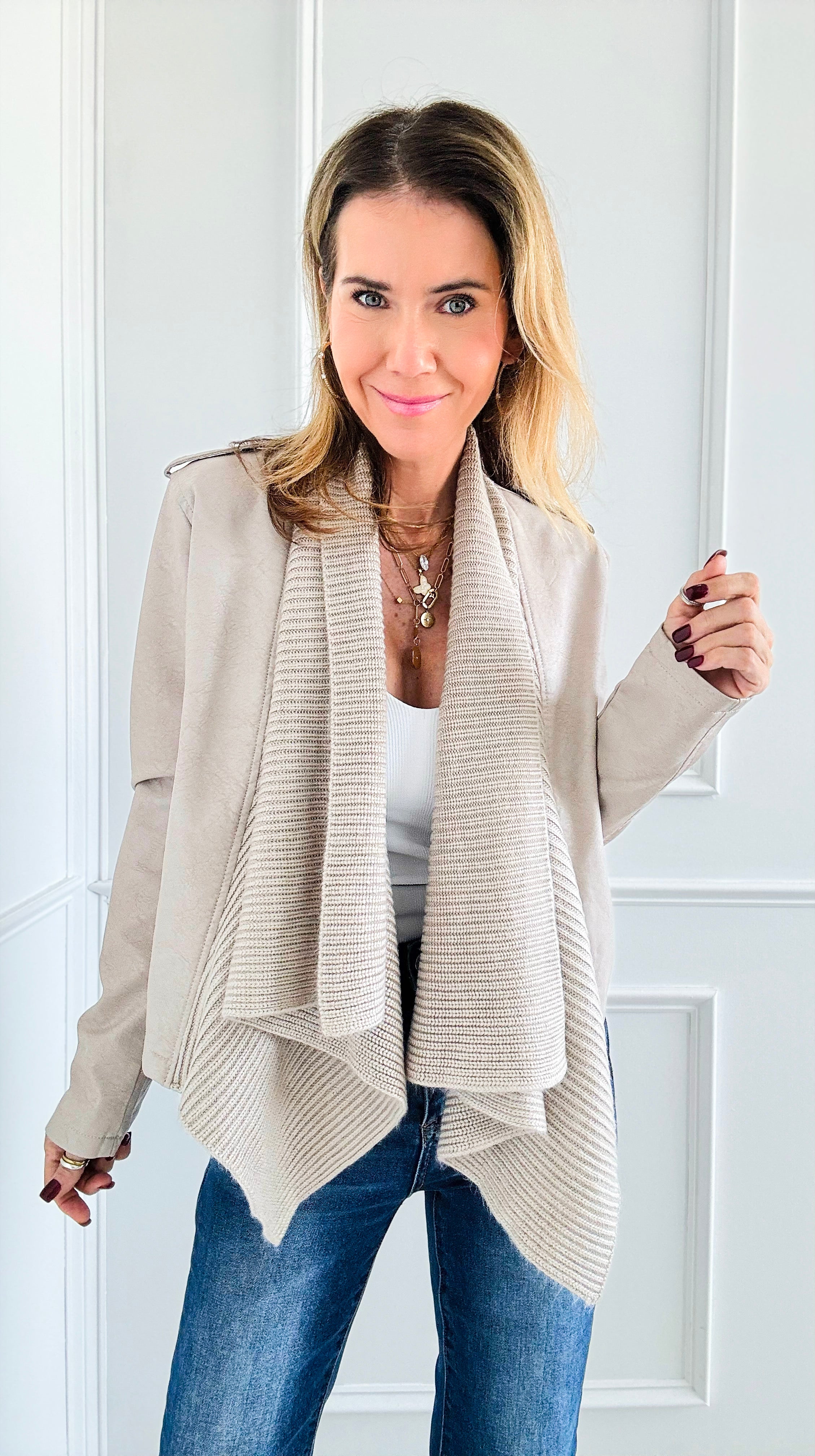 Chic Drape Knit Jacket - Taupe-160 Jackets-Coalition LA-Coastal Bloom Boutique, find the trendiest versions of the popular styles and looks Located in Indialantic, FL