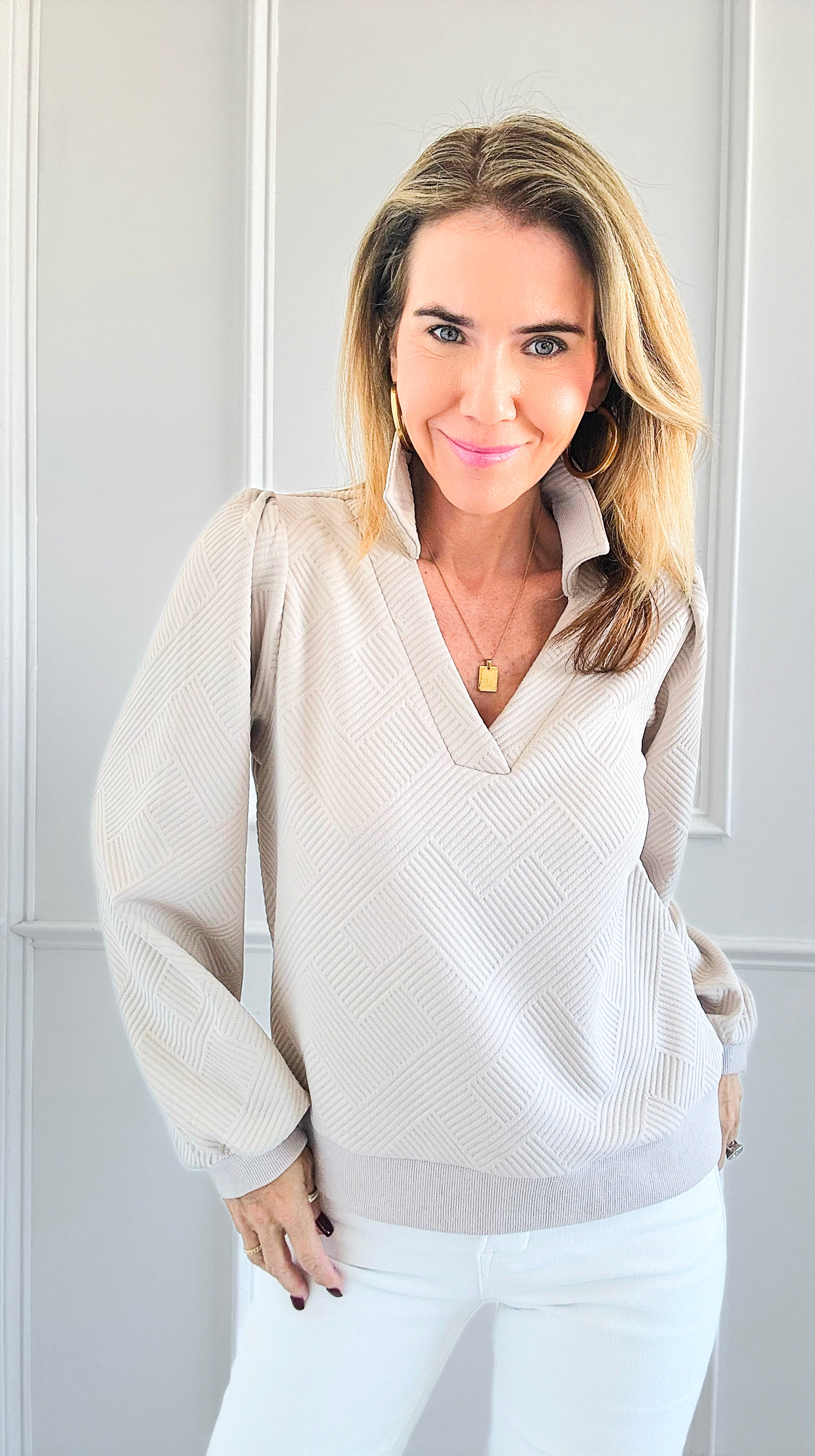 Electric Vibes Textured Top - Beige-130 Long Sleeve Tops-Jodifl-Coastal Bloom Boutique, find the trendiest versions of the popular styles and looks Located in Indialantic, FL