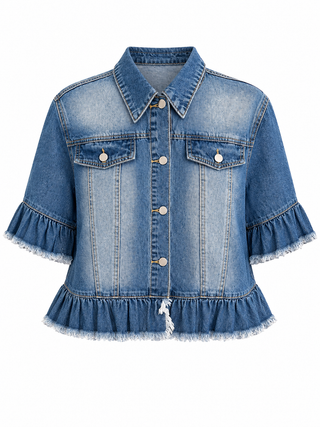 Ruffle Sleeve Raw Hem Denim Jacket