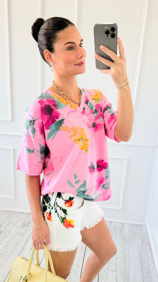 Petal Parade V-Neck Italian Top - Pink