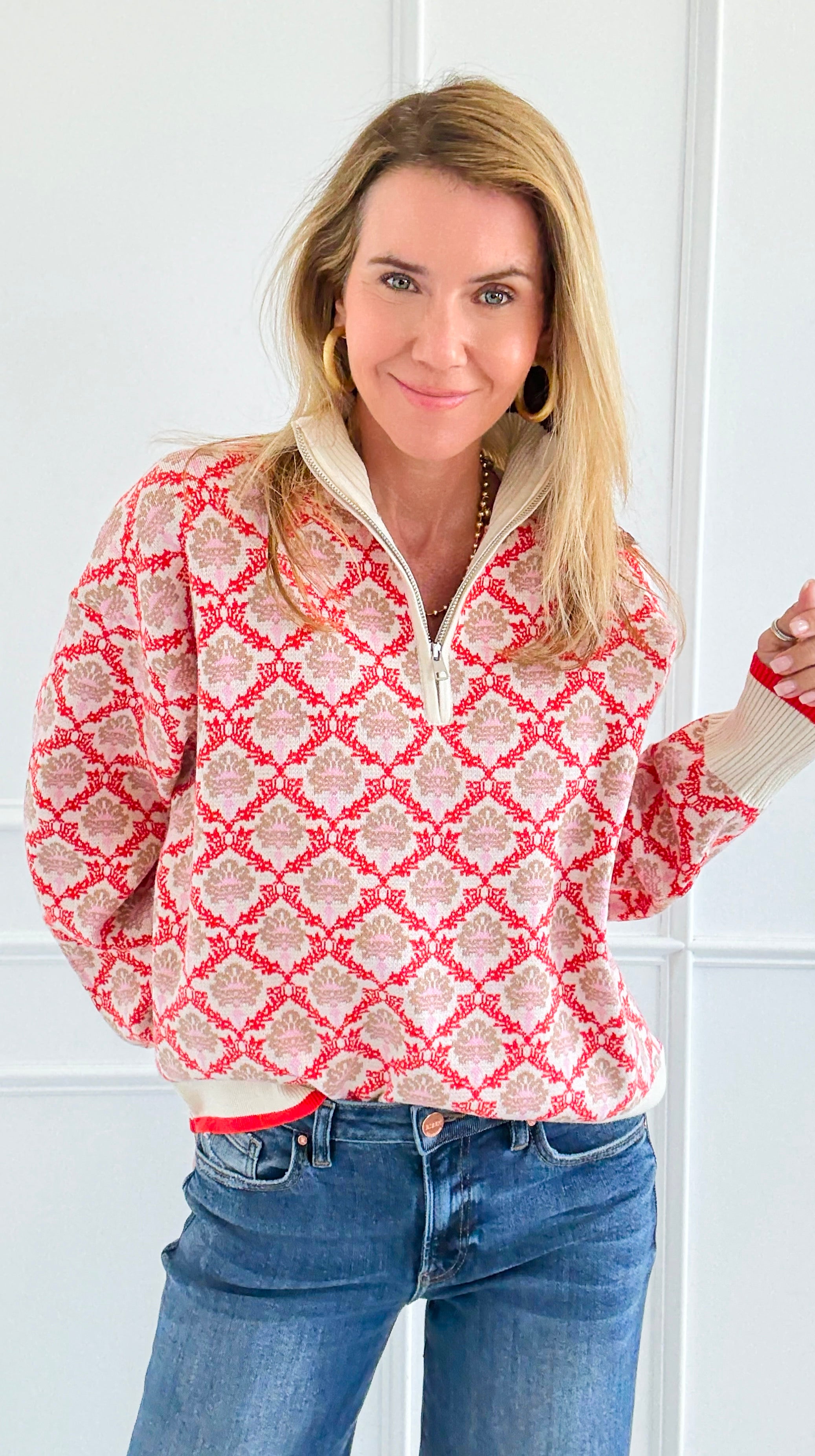 Tri-Bloom Zip Mock Sweater-Cream/Orange-140 Sweaters-&MERCI-Coastal Bloom Boutique, find the trendiest versions of the popular styles and looks Located in Indialantic, FL