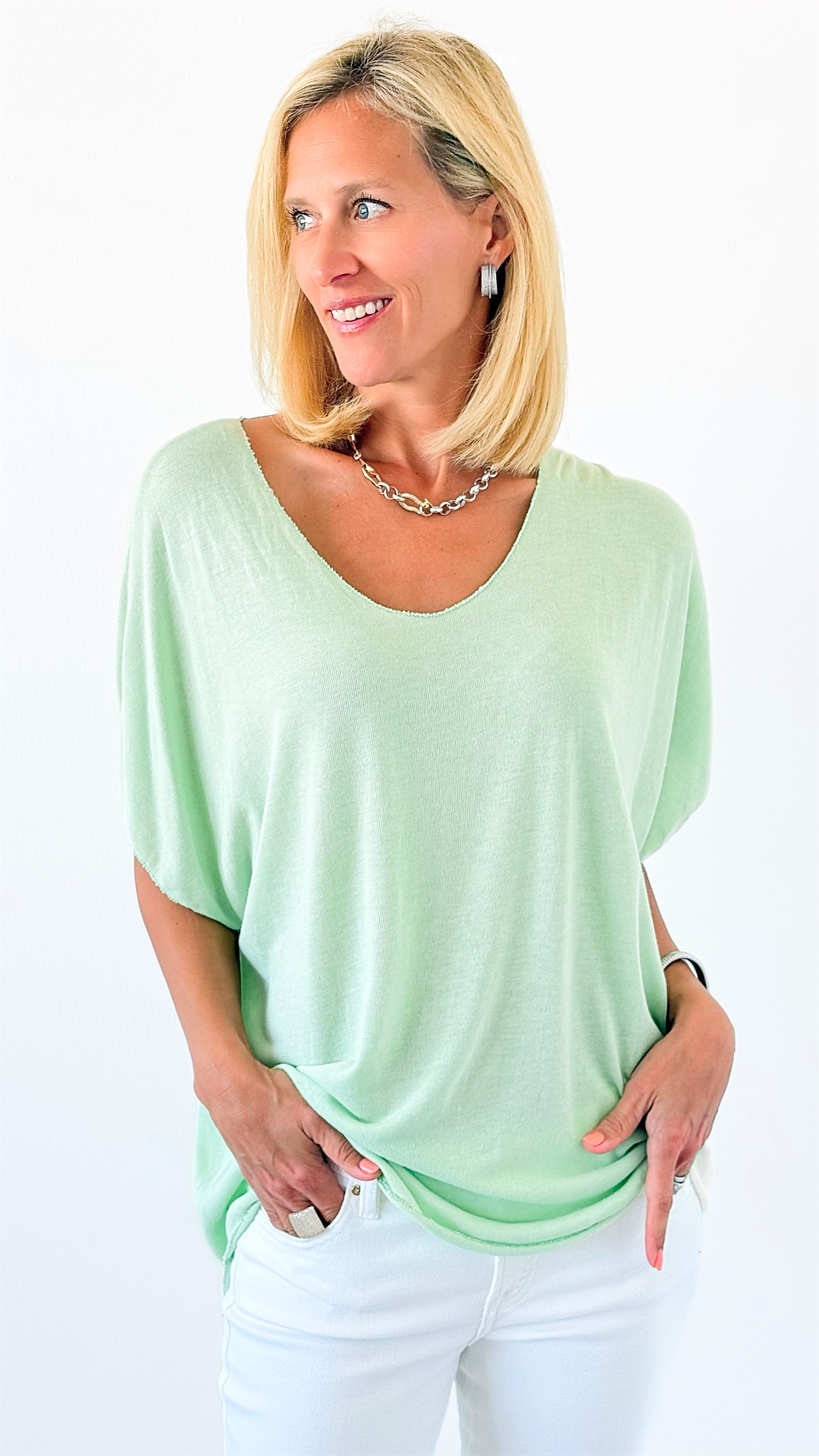 Relaxed Recoleta Lurex Trim Short Sleeve Italian Top- Light Green-110 short Sleeve Top-Italianissimo-Coastal Bloom Boutique, find the trendiest versions of the popular styles and looks Located in Indialantic, FL