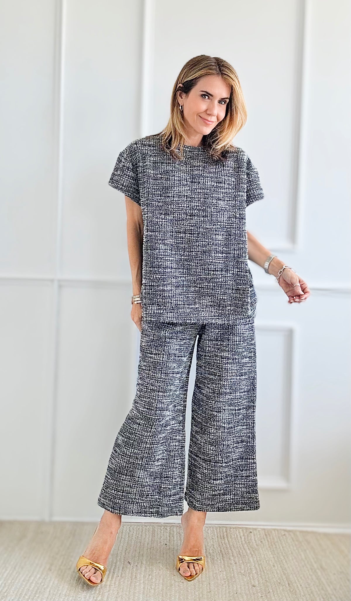 Boucle Textured Wide Cropped Set - Black-210 Loungewear/sets-See and Be Seen-Coastal Bloom Boutique, find the trendiest versions of the popular styles and looks Located in Indialantic, FL