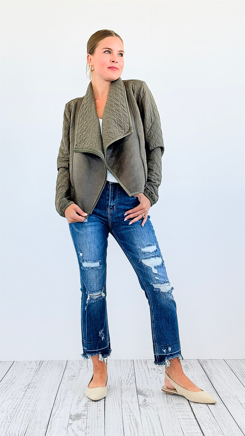 Faux Snake Skin & Suede Jacket - Olive-130 Long Sleeve Tops-mystree-Coastal Bloom Boutique, find the trendiest versions of the popular styles and looks Located in Indialantic, FL