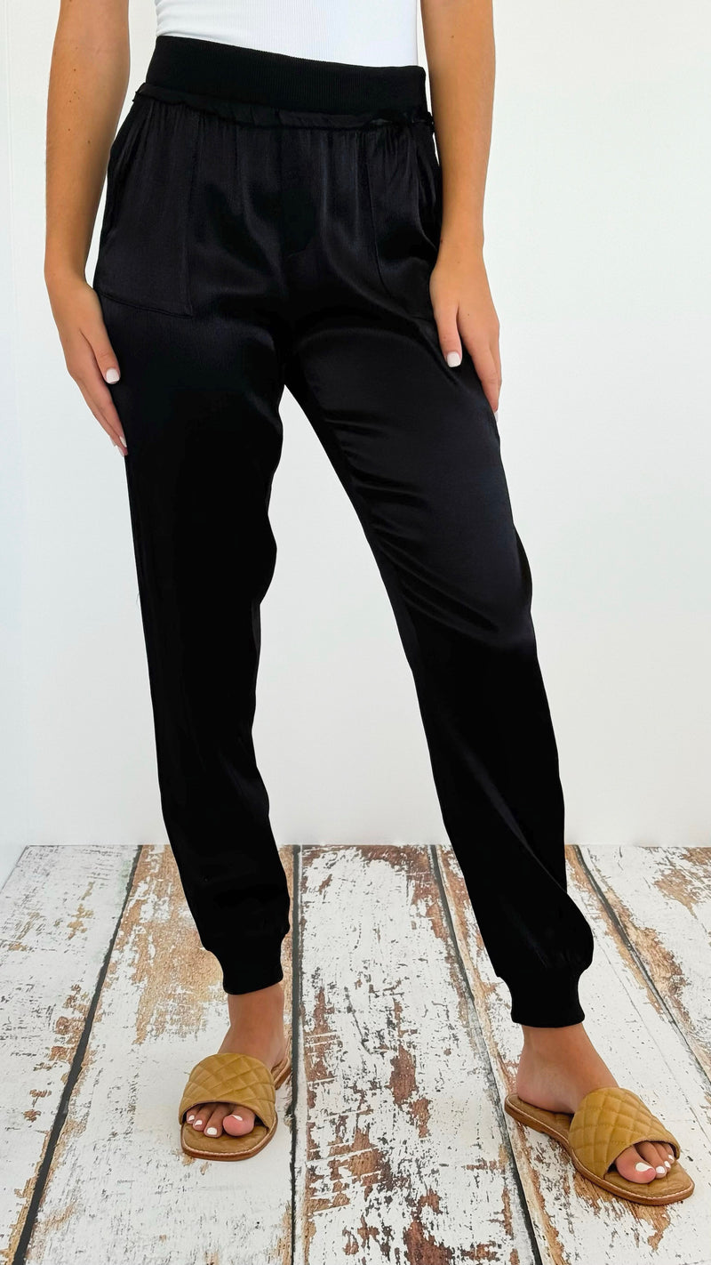 Smooth Satin Jogger Pant- Black-170 Bottoms-Fate Inc-Coastal Bloom Boutique, find the trendiest versions of the popular styles and looks Located in Indialantic, FL