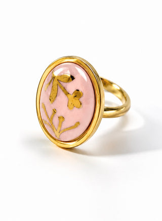 Matera Golden Hand-Painted Artisan Small Oval Ring - Pink