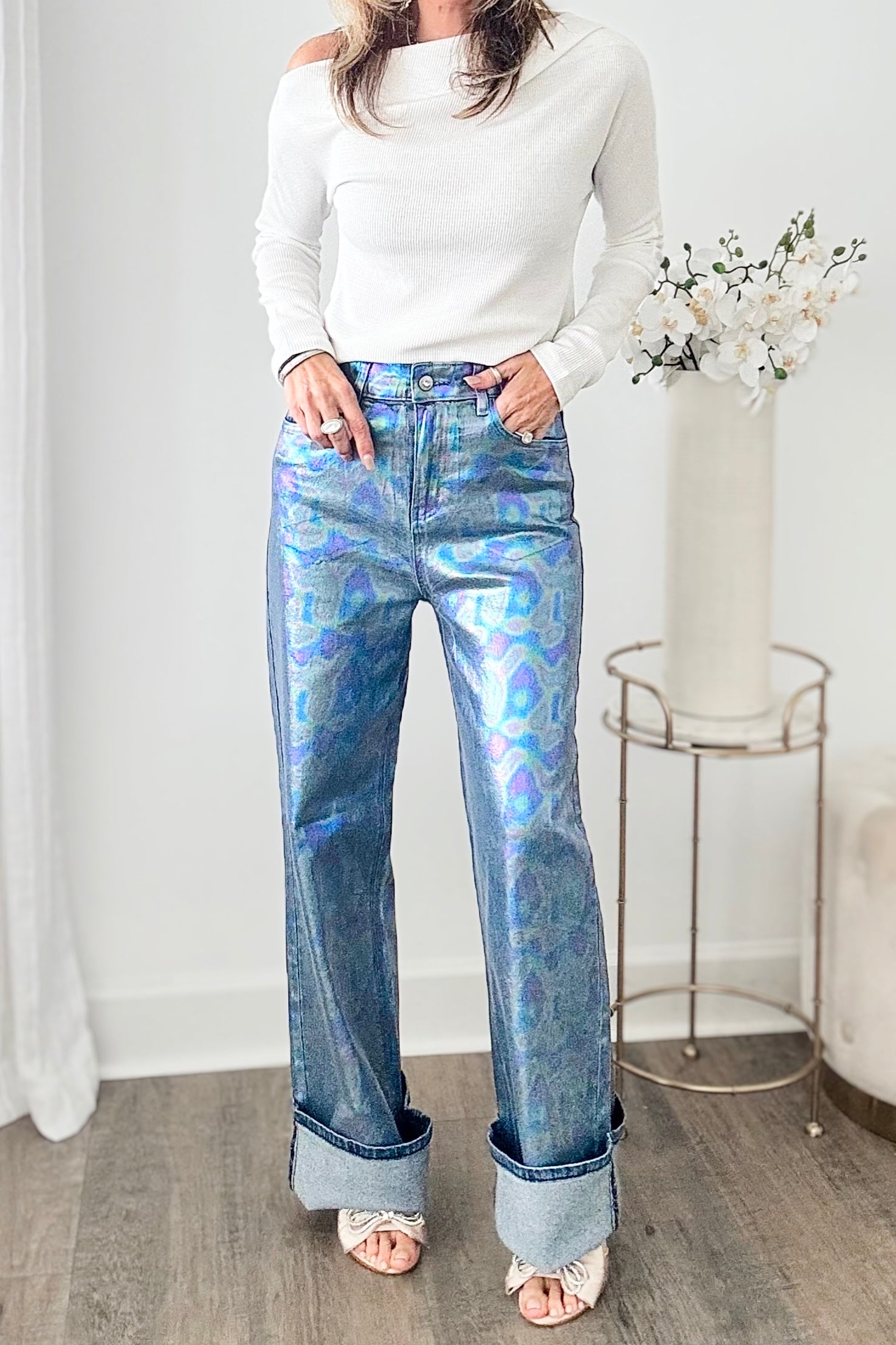 Electric Oil Spill Wide Leg Jeans - Dark Stone-170 Bottoms-Vibrant M.i.U-Coastal Bloom Boutique, find the trendiest versions of the popular styles and looks Located in Indialantic, FL