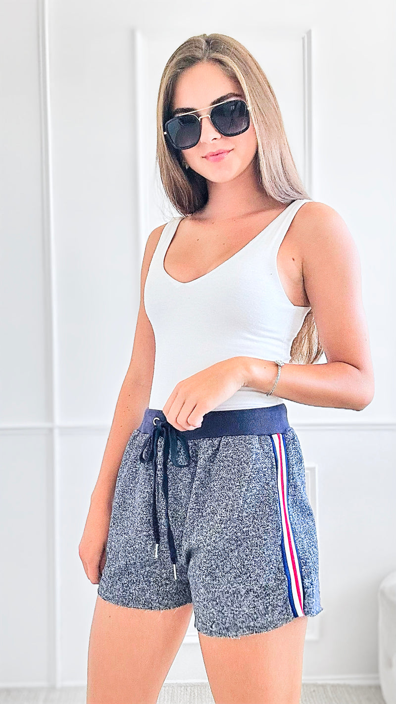 Side Striped French Terry Shorts - Blue-170 Bottoms/Shorts-Kori America-Coastal Bloom Boutique, find the trendiest versions of the popular styles and looks Located in Indialantic, FL