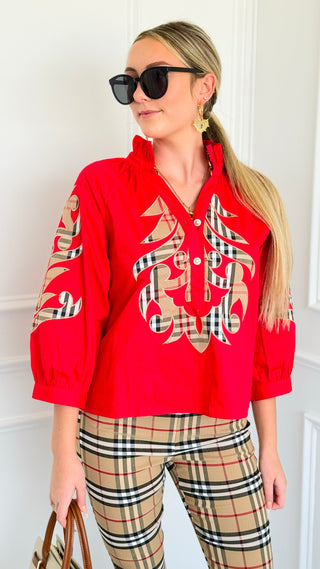 Plaid Appliqué Ruffle Neck Blouse Top - Red