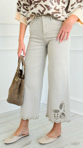 Tummy Control Embroidered Wide Eyelet Pants - Almond