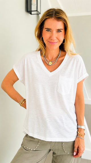 Slub Knit V-Neck Top - White