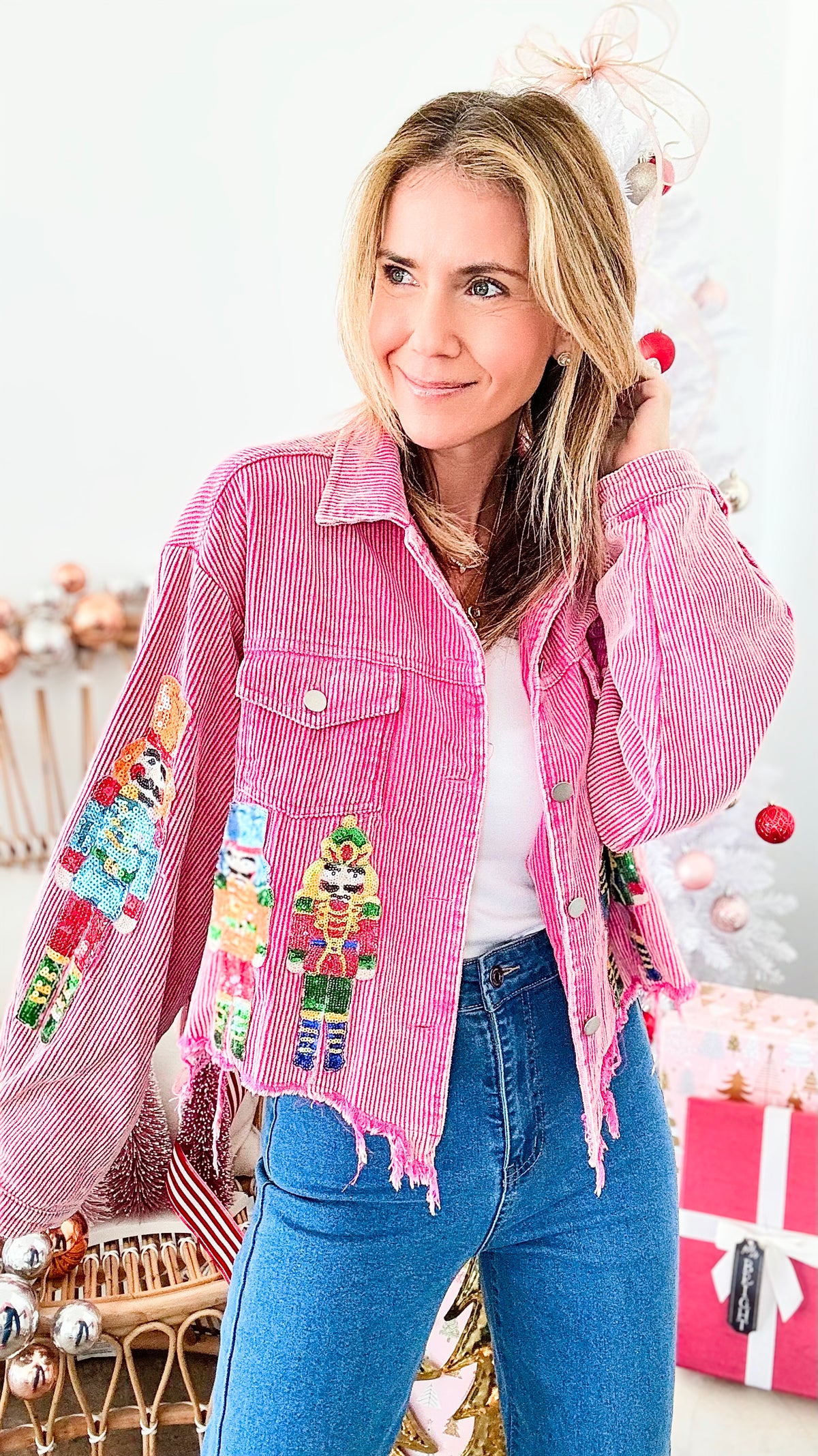 Nutcrackers Embroidery Corduroy Jacket - Fuchsia-150 Cardigans/Layers-BIBI-Coastal Bloom Boutique, find the trendiest versions of the popular styles and looks Located in Indialantic, FL