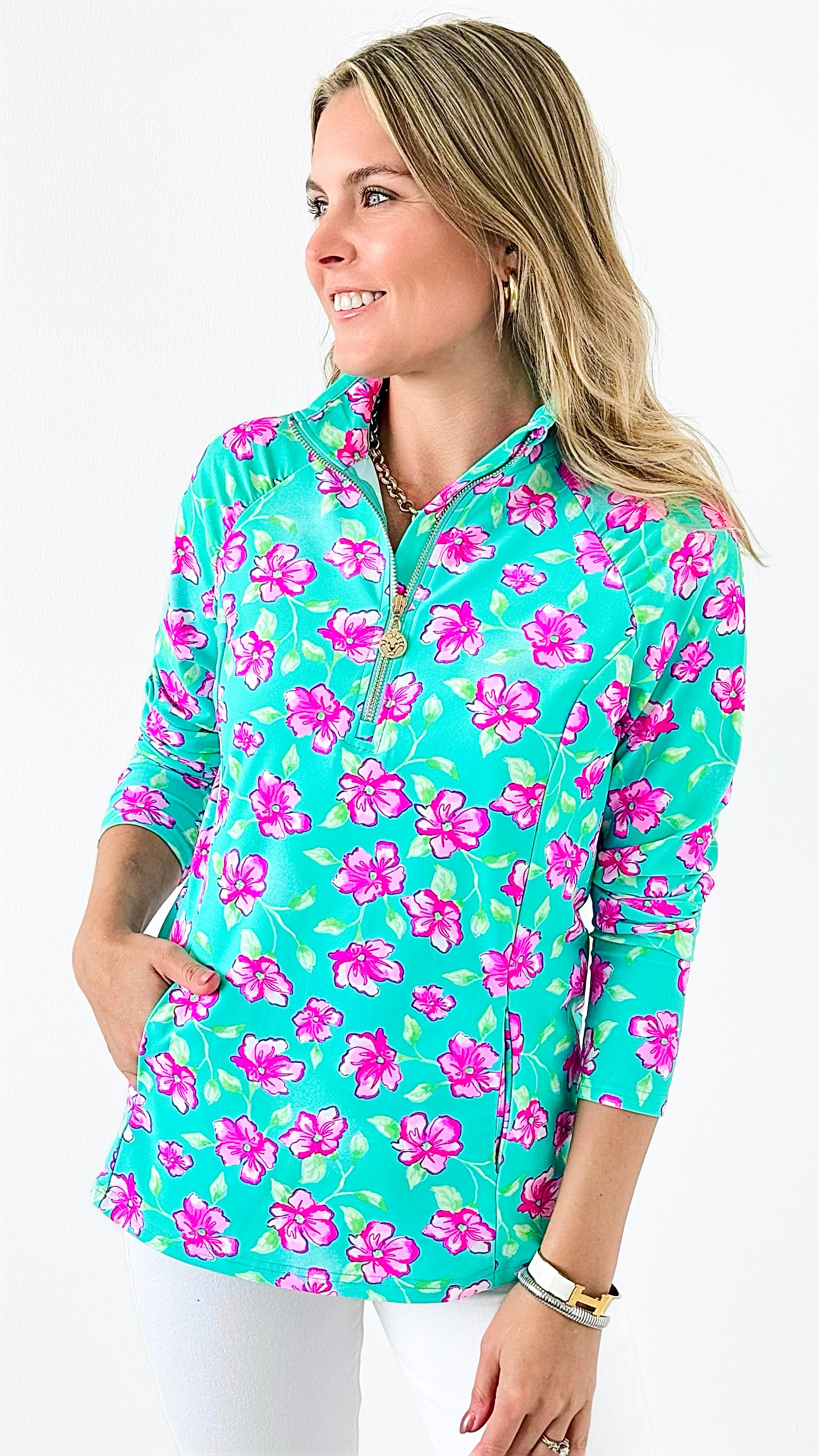 Blooming Quarter-Zip Top-130 Long Sleeve Tops-ARYEH-Coastal Bloom Boutique, find the trendiest versions of the popular styles and looks Located in Indialantic, FL