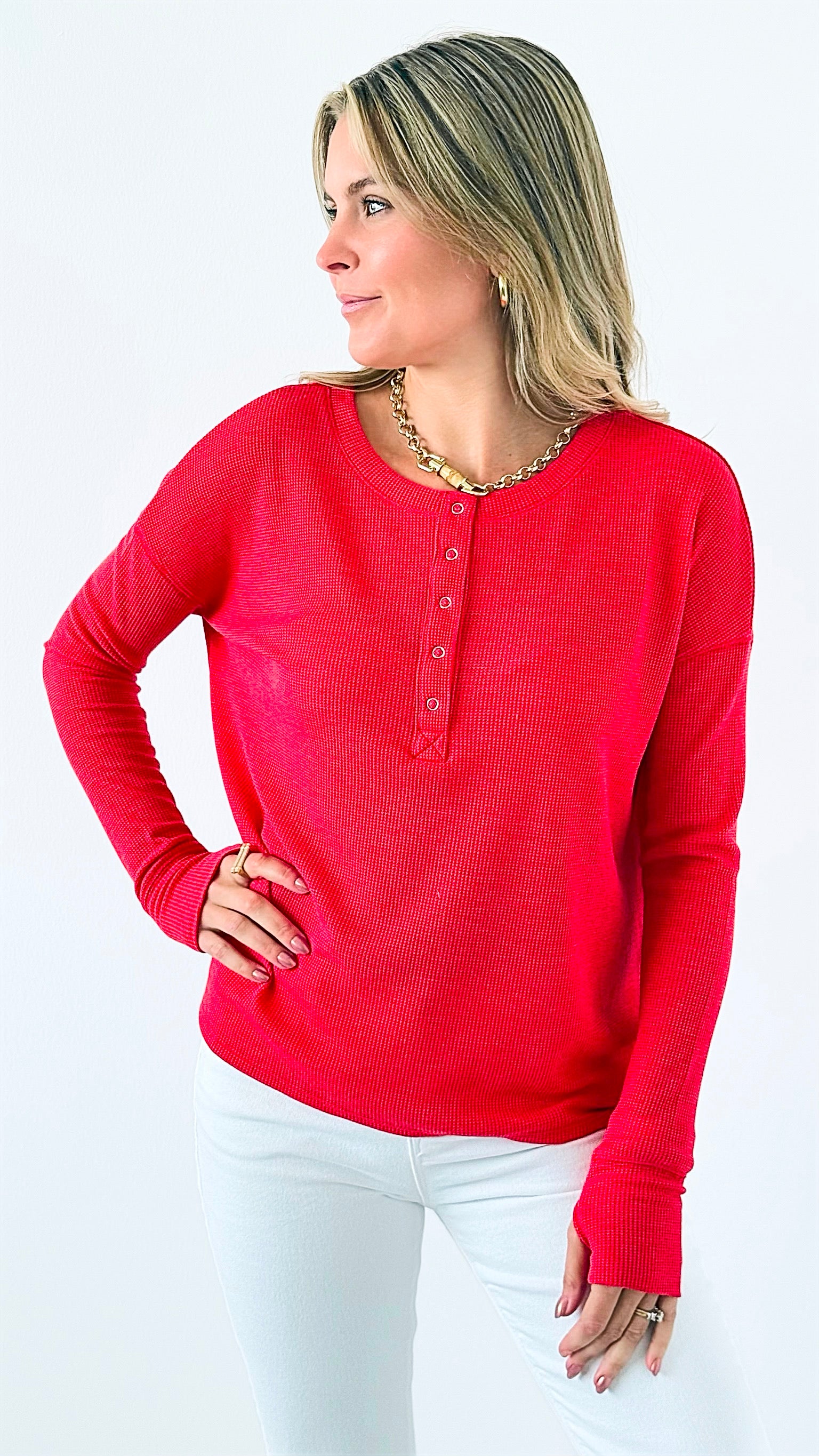 Button-Front Waffle Knit Top - Ruby-110 Long Sleeve Tops-Zenana-Coastal Bloom Boutique, find the trendiest versions of the popular styles and looks Located in Indialantic, FL