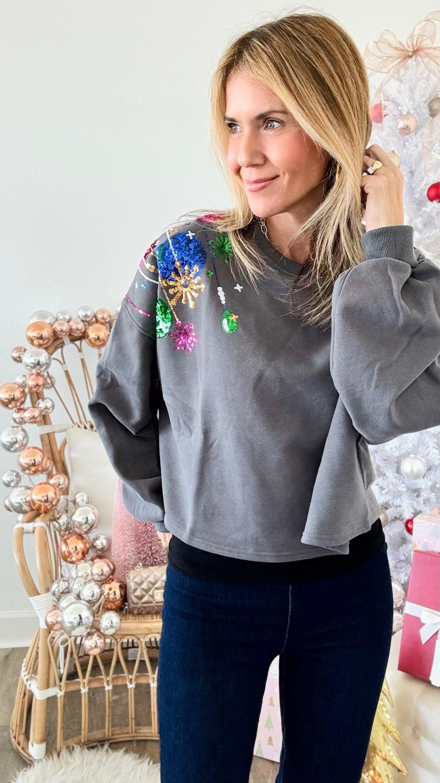 Sequin Christmas Ornament Crop Sweatshirt - Charcoal-140 Sweaters-Peach Love California-Coastal Bloom Boutique, find the trendiest versions of the popular styles and looks Located in Indialantic, FL