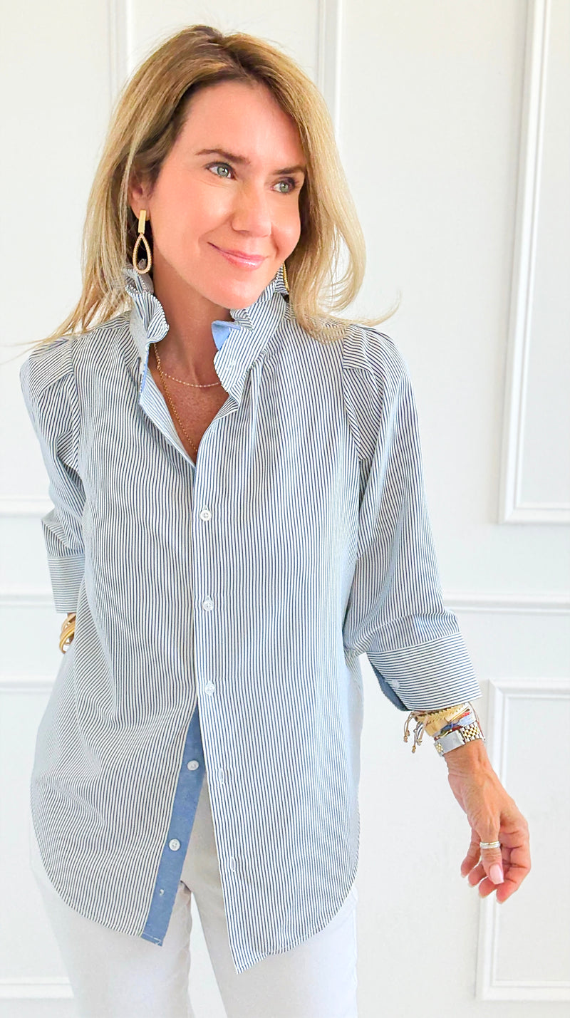 Italian Amelia Amore Di Righe Ruffle Blouse-110 Long Sleeve Tops-Italianissimo-Coastal Bloom Boutique, find the trendiest versions of the popular styles and looks Located in Indialantic, FL