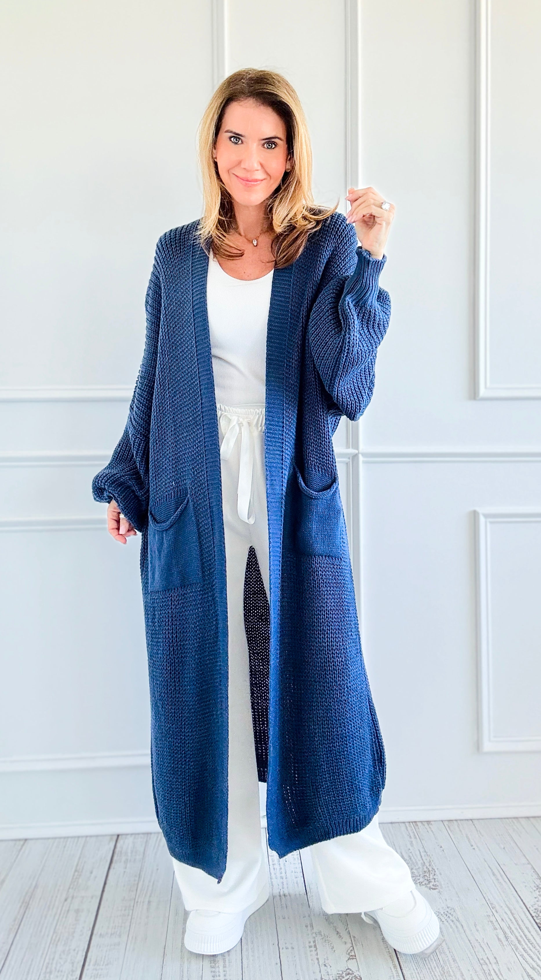 Sugar High Long Italian Cardigan- Denim Blue-150 Cardigans/Layers-Italianissimo-Coastal Bloom Boutique, find the trendiest versions of the popular styles and looks Located in Indialantic, FL