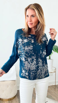 Round Neck Silver Foil Sweater - Peacock-140 Sweaters-moda italia-Coastal Bloom Boutique, find the trendiest versions of the popular styles and looks Located in Indialantic, FL
