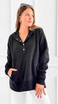 Cozy Button-Front Hoodied Sweatshirt - Black-130 Long Sleeve Tops-Zenana-Coastal Bloom Boutique, find the trendiest versions of the popular styles and looks Located in Indialantic, FL