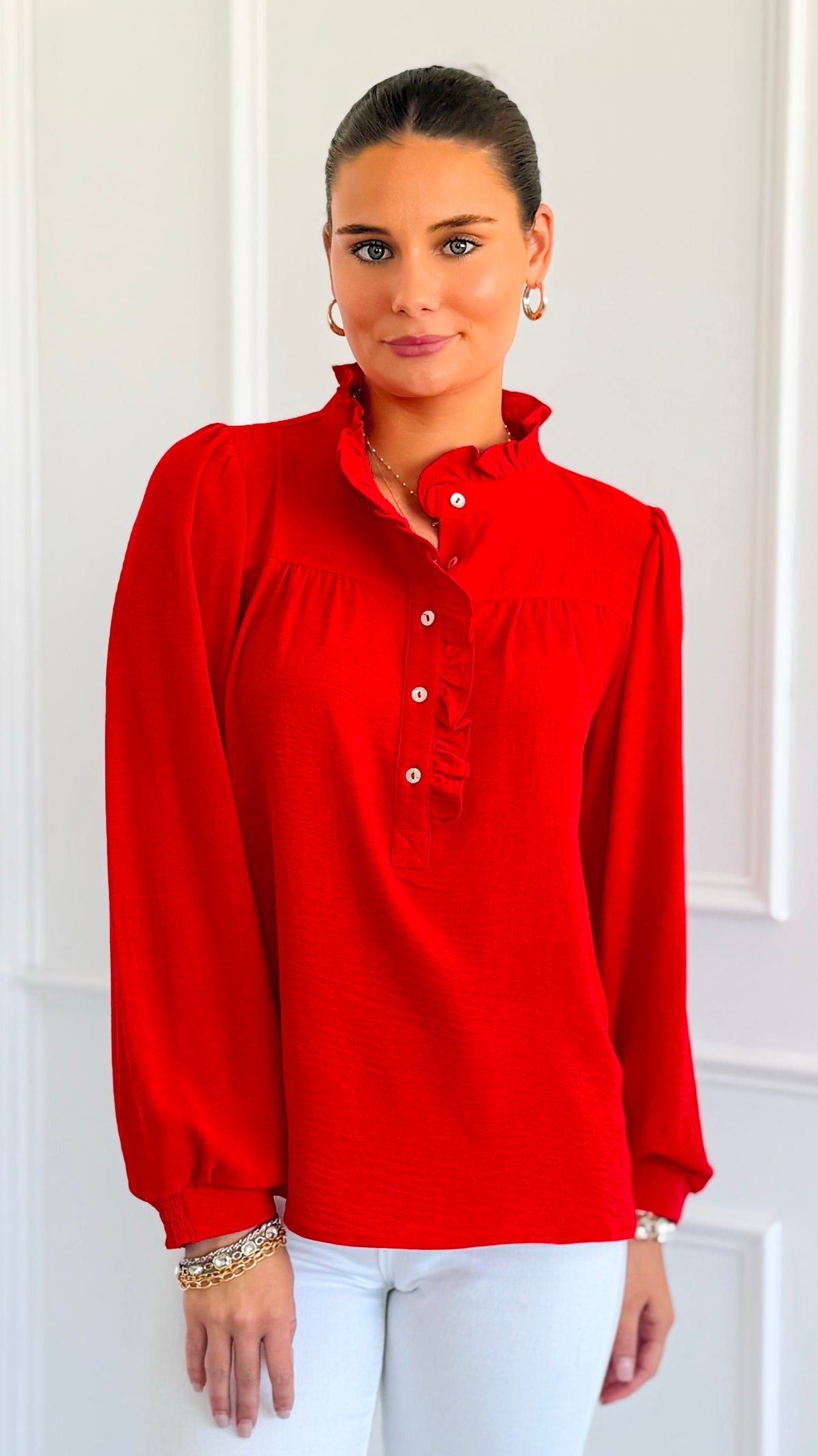 Victorian Muse Ruffle Top - Tomato Red-130 Long Sleeve Tops-JODIFL-Coastal Bloom Boutique, find the trendiest versions of the popular styles and looks Located in Indialantic, FL