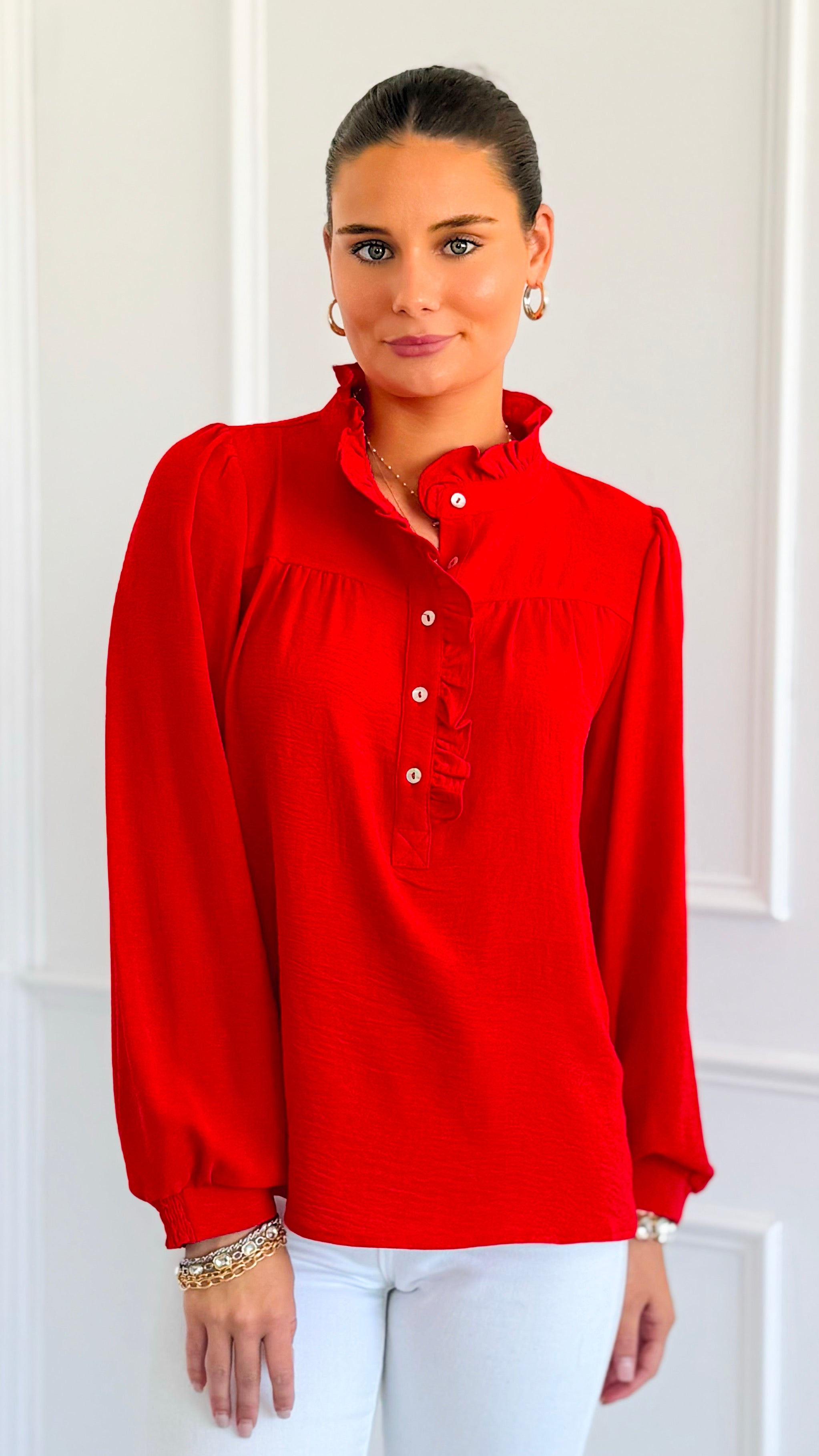 Victorian Muse Ruffle Top - Tomato Red-130 Long Sleeve Tops-JODIFL-Coastal Bloom Boutique, find the trendiest versions of the popular styles and looks Located in Indialantic, FL