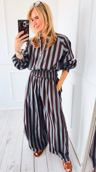 Pre Order - Contrast Italian Stripe Barrel Pant - Grey Blue
