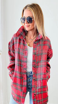 Clear Sequin Plaid Christmas Shirt - Red Multi-160 Jackets-BIBI-Coastal Bloom Boutique, find the trendiest versions of the popular styles and looks Located in Indialantic, FL