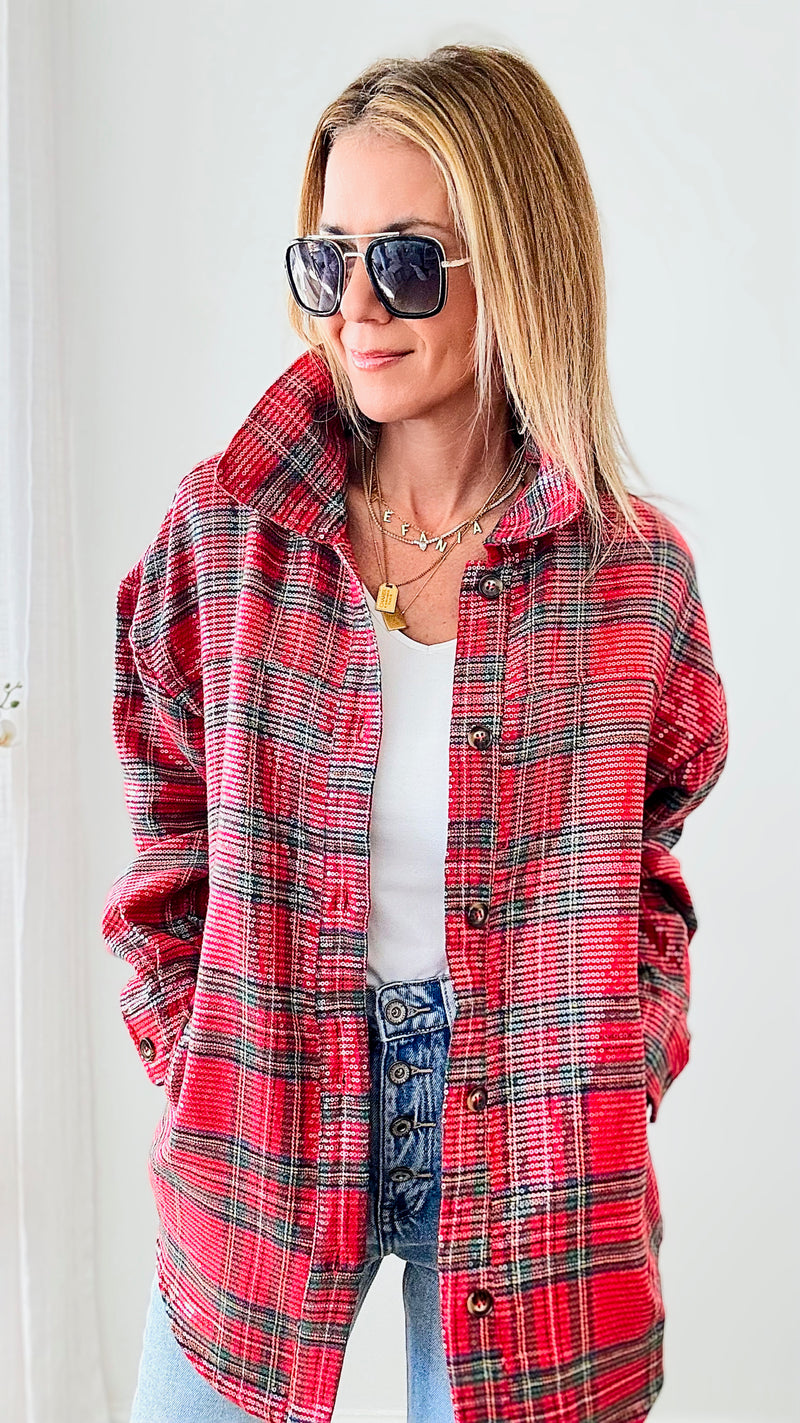 Clear Sequin Plaid Christmas Shirt - Red Multi-160 Jackets-BIBI-Coastal Bloom Boutique, find the trendiest versions of the popular styles and looks Located in Indialantic, FL